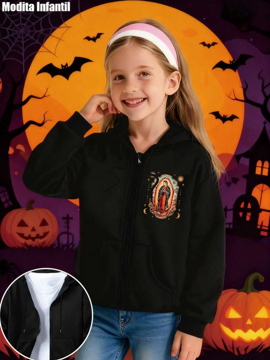 KID005/Chaqueta con capucha para niñosBuzo para niñas con estampa de la Virgen de Guadalupe, perfecto para la época de Halloween, con capucha y bolsillo, diseño atractivo y cómodo - Negro - Ver 1