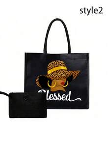 印花手提袋，印花手提袋套装，手提袋和化妆包，豹纹图案，女士耳环，轻便大容量手提袋，可重复使用购物袋，便携式旅行沙滩包（含化妆包），生日礼物，教师节礼物，护士节礼物，周年纪念礼物，最佳礼物，度假风字母设计购物袋，适合婚礼、生日、海滩和假日等场合 - 黑色 - 查看 9