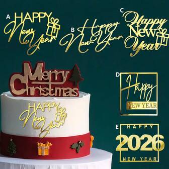 1pc/3pcs/6pcs Happy New Year Birthday Cake Topper Gold Acrylic New Year's Party Cake Topper Home Party Gifts Dessert Decoration ﻿