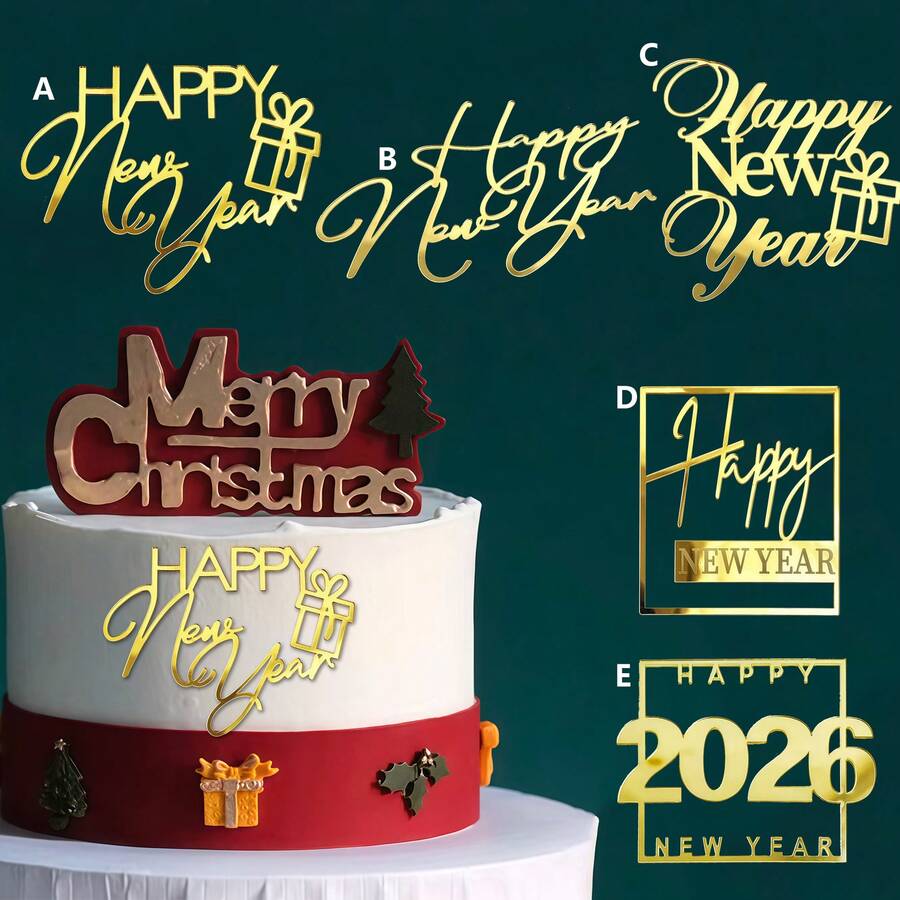 1个/3个/6个新年生日蛋糕装饰插牌,金色亚克力蛋糕装饰签,适用于新年派对、家庭聚会礼物、甜点装饰 - 彩色 - 查看 1