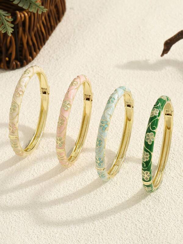 سوار أساور مطلي بالذهب بنمط زهري مينا مطلي للبنات والنساء