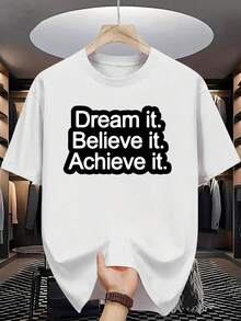 Men'S Navy Blue "Dream it. Believe it. Achieve it." Graphic T-Shirt - Casual Crew Neck, Short Sleeve, Summer Fashion, Regular Fit, Casual Attire | Bold Letter Print | Comfortable Fit, 100% Cotton, Casual American Minimalist Men's Graphic Print Short Sleeve Crew Neck T-Shirt - Blanco - Ver 1