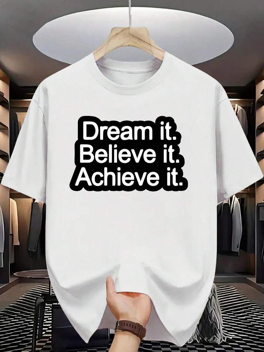 Men'S Navy Blue "Dream it. Believe it. Achieve it." Graphic T-Shirt - Casual Crew Neck, Short Sleeve, Summer Fashion, Regular Fit, Casual Attire | Bold Letter Print | Comfortable Fit, 100% Cotton, Casual American Minimalist Men's Graphic Print Short Sleeve Crew Neck T-Shirt - Blanco - Ver 1