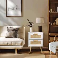 Bedside Tables Set Of 2, Side Table With 2 Hand Made Rattan Decorated Drawers, Night Stand Set 2, Wood Nigntstand, End Table With Storage Bedroom, Natural, 2 Pack - White - View 8