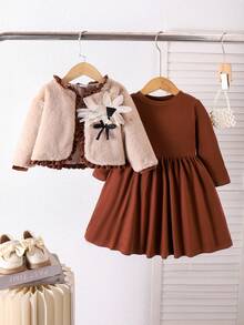 2pcs Young Girl Sweet Floral 3D Plush Long Sleeve Jacket And Solid Waist Dress Set, Autumn/Winter