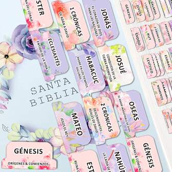 80 Peel-And-Stick Large Print Laminated Spanish Bible Tabs - Floral Pastel Design With Book Summaries & Inspirational Phrases, New & Old Testament Book Name Labels For Easy Navigation & Spiritual Growth, Religious Study Aid, Elegant Script Design, Durable Adhesive