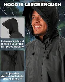 Poncho de lluvia impermeable Anyoo para adultos, ligero, reutilizable, para senderismo, chaqueta con capucha para actividades al aire libre - Negro - Ver 5