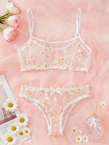 2件套新款透视薄纱花卉印花性感内衣褶皱侧边文胸透视内衣女士性感内衣套装嘉年华派对服装 - 黃色 - 查看 7