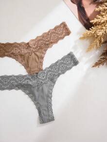 5pcs/Pack Women's Casual Lace Patchwork Low Waist Thong Panties - Multicolor - View 5