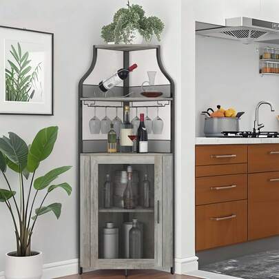 Industrial Corner Wine Bar Cabinet, 5-Tier Liquor Cabinet With Removable Wine Rack And Glass Holder, Farmhouse Storage Bar Cabinet For Dining Room, Li