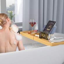 Luxury Bamboo Bathtub Tray Wooden Expandable Caddy With Book Tablet Wine Holder Gift Idea
