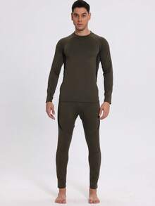 Men Winter Gym Outdoor Mountain Climbing Hiking Hunting Skiing Fleece Warm Long Sleeve Sports T-Shirt Sports Pants Set