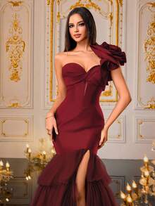 VIPGIRL New Elegant Burgundy One-Shoulder Formal Evening Dress With Floral Decor, Ruched Bust Design, Flattering Waistline - Burgundy - View 8