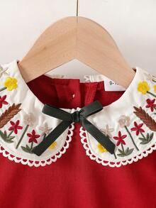 Baby Girls' Casual Long Sleeve Dress, New French Vintage Embroidered Peter Pan Collar Bow Elegant Princess Dress, Suitable For Spring & Autumn - Red - View 3