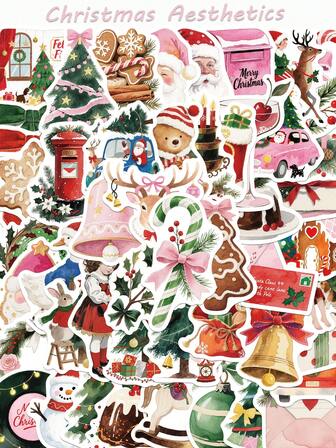 50 piezas Pegatinas de estética navideña Pegatinas decorativas de Papá Noel de dibujos animados y ciervos para DIY, cuadernos, guitarras, equipaje, refrigeradores, fiestas