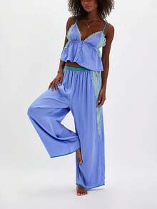 Women's Y2K Lace Satin Pajama Sets Lace Patchwork Spaghetti Strap Ruffled Cami Tops With Loose Pants 2Pcs Soft Sleepwear Fashion Loungewear Aesthetic Clothes Outfit Casual Pj - 藍紫色 - 查看 3
