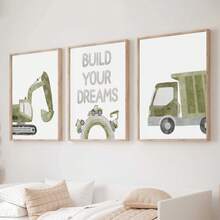3er-Set Wandkunst mit Fahrzeug-Motiven, Transportthema, Traumwelt-Raumfahrt, Kinderzimmer Wandkunst LKW-Thema, Jungen-Kinderzimmer Dekoration, grüne Kinderraum Kunst, gerahmte Wandkunst für Wohnzimmer, dekorative Kunst, Raumdekoration, Heimdekoration, Wanddekoration, Badezimmerdekoration