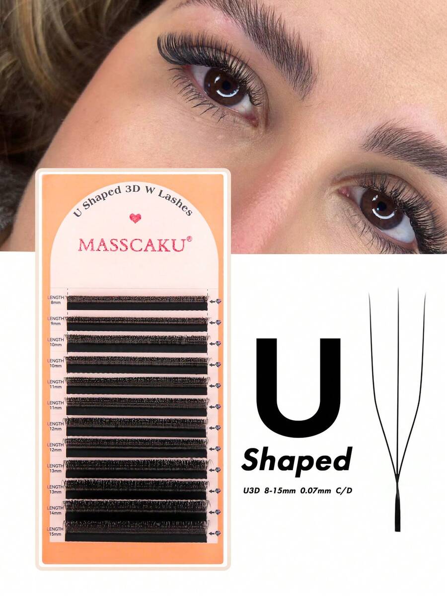 MASSCAKU 12 Pcs U-Shaped 3D Eyelash Extensions, C/D Curl, 0.07mm Thickness, 8-15mm Mixed Length Pre-Made Lash Clusters, Handmade Woven Mesh Criss-Cross Dense & Fine Natural Look, High Quality PBT Fiber, Comfortable Wear - Black - View 1