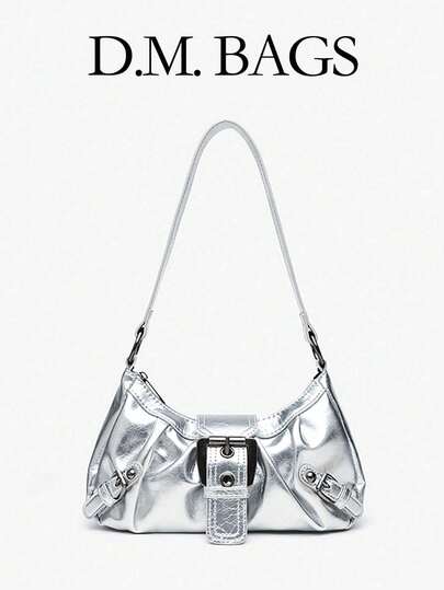 Bolso de motocicleta suave y desgastado con remaches, hebilla y decoración de nube plisada, adecuado para el trabajo, el transporte, las citas y las fiestas