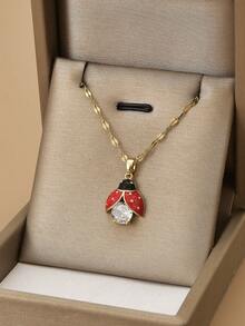 1pc Elegant Cute Fashion Cubic Zirconia Drip Oil 7-Star Ladybug Firefly Stainless Steel Necklace For Women, 1 Pair Elegant Cute Fashion Cubic Zirconia Drip Oil 7-Star Ladybug Firefly Stainless Steel Earrings For Women, Gold Jewelry, Gold Necklace, Stainless Steel Jewelry, Women Jewelry Set