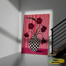 1pc Floral Check Vase Print: Berry Pink Wall Art - Multicolor - View 17