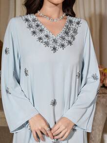 女士优雅水钻装饰 V 领宽松长袍连衣裙，长袖 - 藍色 - 查看 1