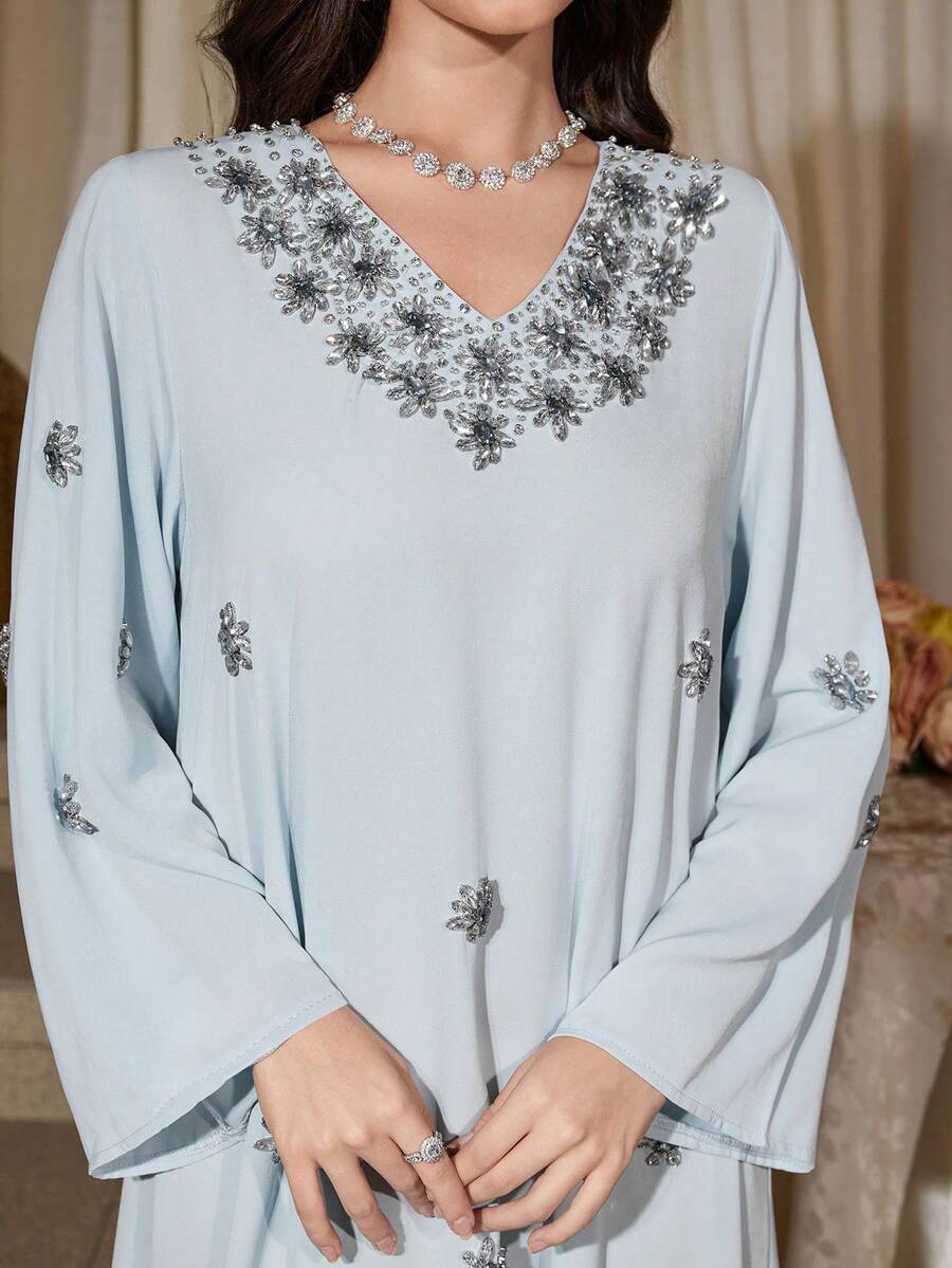 女士优雅水钻装饰 V 领宽松长袍连衣裙，长袖 - 藍色 - 查看 1
