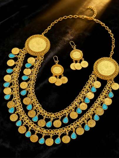 Vintage High-End Gold Coin Necklace, Tassel Coin Sparkling Necklace Earrings Bohemian Dubai Arab Festival Jewelry For Women To Wear