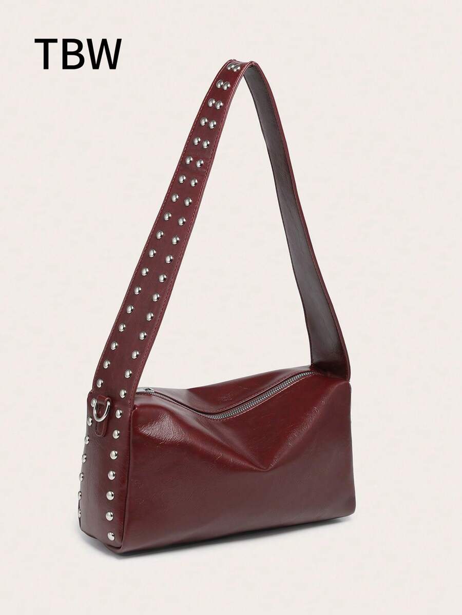 1pc Women's Large Capacity Burgundy Square Handbag With Rivet Decoration, Adjustable Wide Strap, Niche Design, Commuter Underarm Bag, Fashionable Burgundy Bag , Red Bag , Burgundy Bag - Burgundy - View 1