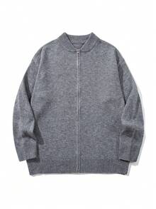 Men's Simple Solid Color Casual Loose Fit Long Sleeve Zip-Up Knit Cardigan Sweater, Suitable For Autumn/Winter