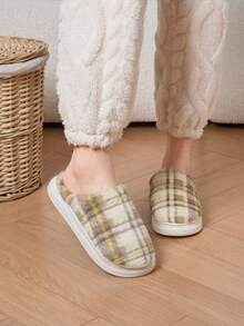 Green Plaid Retro Warm Slippers, Women's Indoor Slippers, Simple Classic Couples Shoes, Warm Anti-Slip Durable