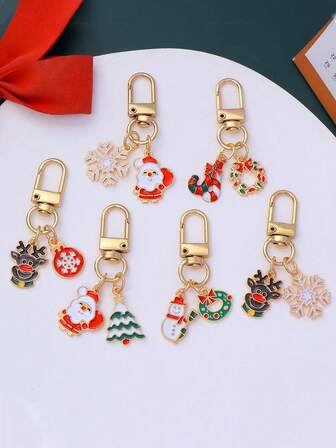 6pcs Cartoon Christmas Keychains, Christmas Tree, Snowman, Santa Claus, Reindeer Series Keychains, Metal Oil Drop Decor Bag Car Key Chain, Suitable For Christmas Accessories Gift Bag Charms Car Accessories Teacher Friend Sister Gift Ideas