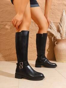 2025 Botas de Montaria Cano Alto Marrons, Botas de Vestir da Moda, Cabedal em Couro PU de Fácil Cuidado, Forro Quente, Confortável, Salto Baixo, Sola de Borracha, Emagrecedor de Perna, Adequado para Mulheres no Outono/Inverno