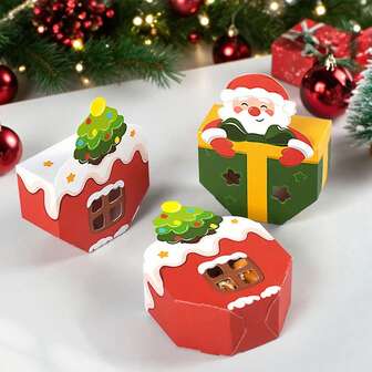 10 Pcs Christmas Party Favor Boxes 3D Xmas Tree Santa Claus Paper Gift Boxes Cute Xmas Gift Wrapping Box For Birthday Christmas Decorations