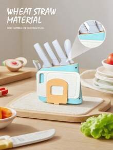 兒童嬉戲廚房玩具套裝，兒童烹飪配件，學齡前烹飪玩具套裝，角色扮演廚房玩具，兒童切割工具，兒童節/生日教育學習禮物，7件套裝（隨機顏色），包含小麥稈刀、砧板、刀架