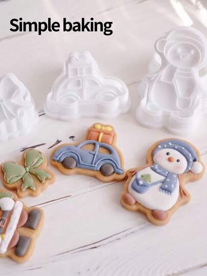 A Cute Christmas Series Cookie Cutters, Kitchen Parent-Child Cookie Mold, (Santa Claus, Snowmen, Christmas Gifts, Car) Cartoon Pattern Cookie Stamp, Christmas Decoration, Cake Decoration Cookie Shaper, Dessert Making Tool