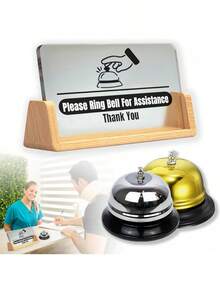 Desk Call Bell /2pcs Service Bells (Gold And Silver)/With Please Ring Bell For Assistance Sign/Suitable For Front Desk Retion In Shops, Offices, Warehouses, And Small Hospitals.