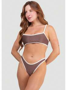 Bravaa Store Women's Two-Tone Ribbed Bikini With Cropped Top And G-String Thong, Lycra 340 Lined - Rỉ Nâu - Xem 4