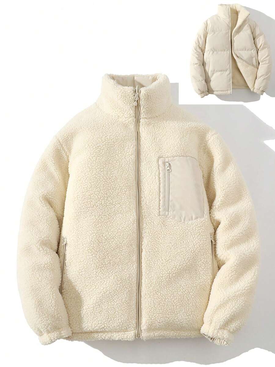 Reversible Thickened Lamb Wool Fleece Jacket, Warm And Windproof, Two-Sided Wear - Khaki - View 1