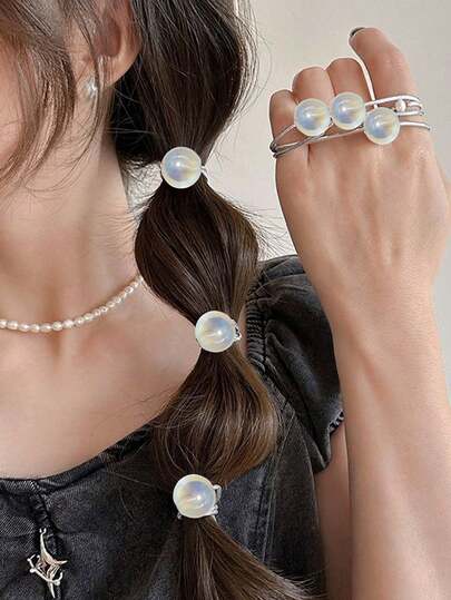 6pcs Shiny Silver Ball Elastic Hair Ties, Simple Elegant Hair Scrunchies For Ponytail, Hair Accessories Ponytail Holders, Gold Head Piece, Hair Bobbles