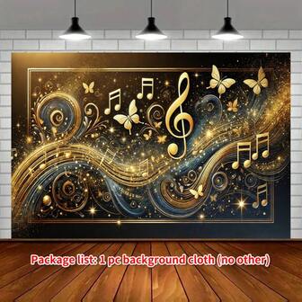 2D 平面，1 件金色旋律音乐符号涤纶背景，优雅的黑色和金色设计，带有蝴蝶和音乐元素，适用于婚礼、生日、周年纪念和节日装饰、室内/室外派对横幅、无需电力、活动背景 | 金色音乐主题 | 耐用涤纶、音乐室装饰