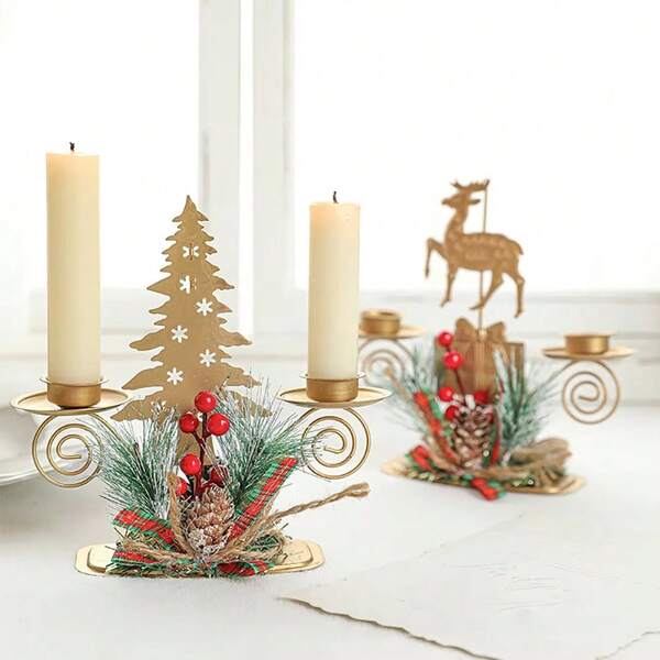 Candelabro navideño de hierro dorado con adornos de copo de nieve, estrella y reno para decoración de mesa y hogar en Año Nuevo