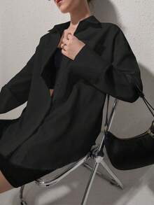 女士纯色宽松长袖商务面试通勤休闲简约衬衫，适合返校、毕业、办公、春夏秋季穿着 - 黑色 - 查看 4