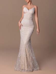 女士奢华无肩带珠饰亮片美人鱼礼服 - 胸部和腰部精美装饰，修身美人鱼廓形 - 完美适用于婚礼、晚宴、红毯活动和盛大派对 - 香檳色 - 查看 7