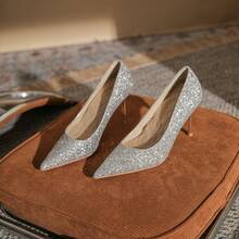 8819 French Pointed Toe High Heels Women New Crystal Glitter Wedding Shoes Silver Bridesmaid Shoes Stiletto Pumps Elegant Evening Party Dress Shoes For Women - 銀色[8cm] - 查看 10