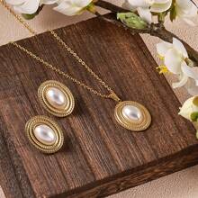 1 Set Elegant Gold Stainless Steel French Pearl Necklace & Earrings Jewelry Set, Suitable As Gift For Women