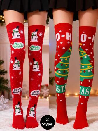 1 Pair Of Women's Christmas Thigh,High Socks With Snowman & Christmas Tree Patterns, Suitable For Stage Performances, Cosplay, Christmas Gatherings, Event Parties And Wedding Attire , Winter Warm Socks, Cozy Socks