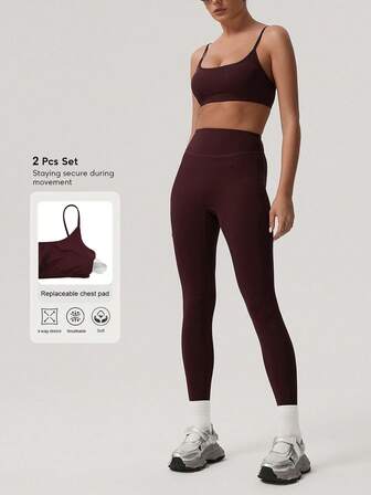 Sodalemon Women Fitness 2 PCS Sets Solid Color Padded Sport Bra No Front Seam Simple Design Yoga Leggings Training Sport Set