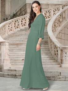 KOH KOH Women's Long V Neck Flowy Kimono Sleeve Wedding Guest Semi Formal Dressy Maxi Dress Floor Full Length Soft Stretch Stretchy Jersey Knit Comfortable Comfy Casual Pull On Elegant Modest Simple Solid Classy Slimming Flattering Draped Empire High Waist Wide Waistband Flowing A Line Maxi Skirt No Slit Easy Wear Butterfly Bell Three Quarter Sleeve Bridesmaid Bridal Mother Of The Bride Or Groom Prom Evening Cocktail Party Black Tie Gala Gown Spring Summer Fall Autumn Frock Engagement Anniversary Graduation Homecoming Dinner Date Church Choir Sunday Baptism Funeral Baby Shower Bridal Shower Work Office Business Meeting Vacation Holiday Travel Cruise Garden Party Beach Wedding Petite And Plus Size Tall Curve Curvy Maternity Pregnancy And Nursing Friendly Stylish Timeless Classic Photoshoot Outfit For Girls And Women - 海泡石淡綠色 - 查看 4