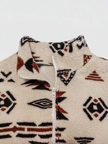 Plus Size Women Casual Retro Geometric Print Fleece Long Sleeve Jacket - Apricot - View 4